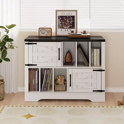 Meuble de rangement pour disques vinyles de 99 cm, meuble de lecture de disques vinyles en bois de style ferme avec armoire de rangement et 2 portes coulissantes pour salon ou chambre à coucher