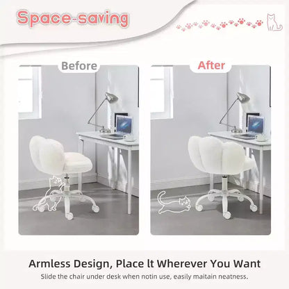 Chaise de bureau sans accoudoirs mignonne avec roues, chaise d'ordinateur pivotante à 360° en tissu Teddy pour chambre d'enfant, bureau et chambre à coucher GustoWave Cat Paw