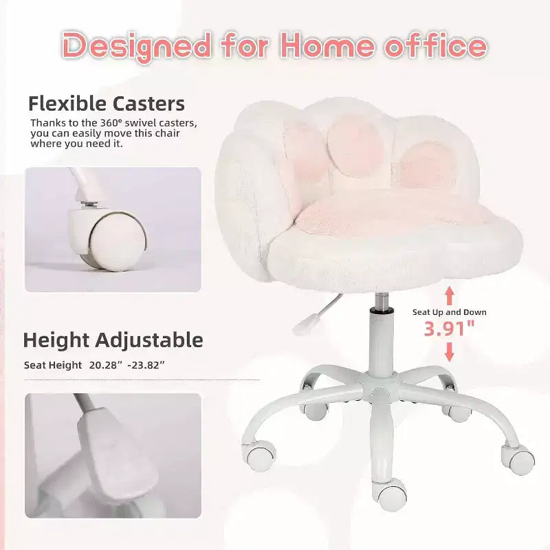 Chaise de bureau sans accoudoirs mignonne avec roues, chaise d'ordinateur pivotante à 360° en tissu Teddy pour chambre d'enfant, bureau et chambre à coucher GustoWave Cat Paw