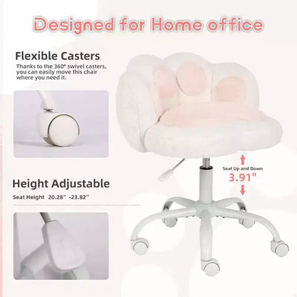 Chaise de bureau sans accoudoirs mignonne avec roues, chaise d'ordinateur pivotante à 360° en tissu Teddy pour chambre d'enfant, bureau et chambre à coucher GustoWave Cat Paw