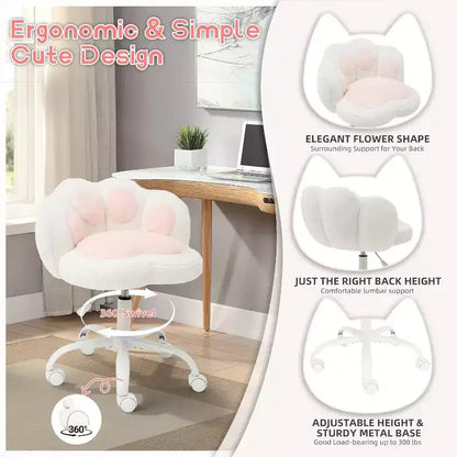 Chaise de bureau sans accoudoirs mignonne avec roues, chaise d'ordinateur pivotante à 360° en tissu Teddy pour chambre d'enfant, bureau et chambre à coucher GustoWave Cat Paw