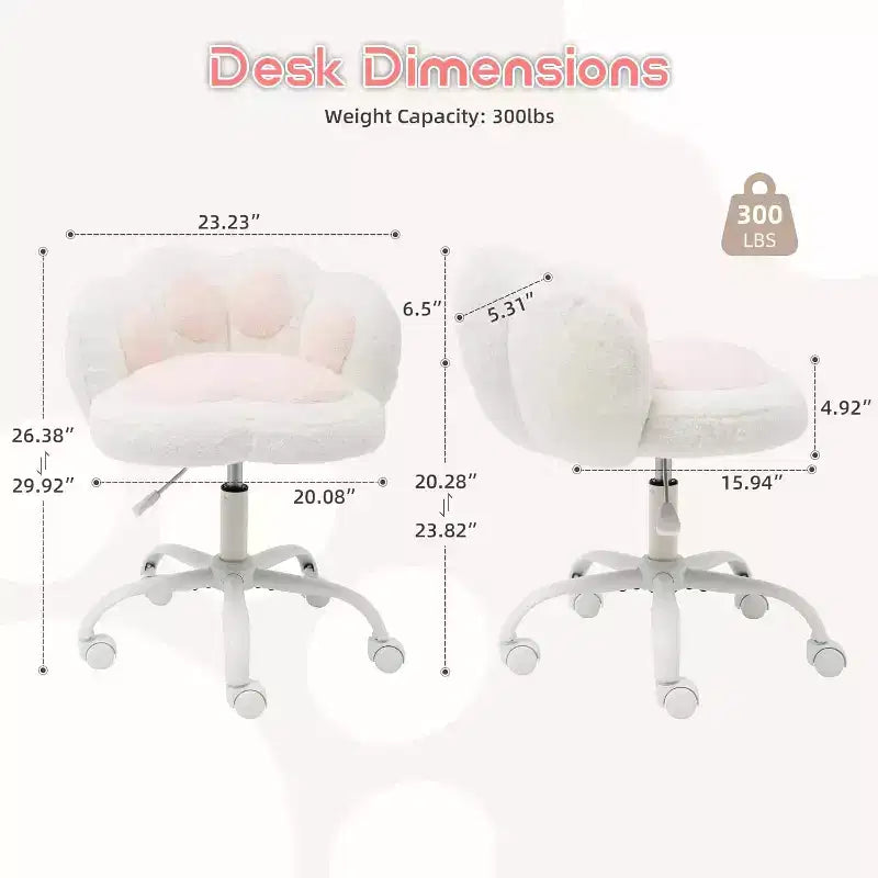 Chaise de bureau sans accoudoirs mignonne avec roues, chaise d'ordinateur pivotante à 360° en tissu Teddy pour chambre d'enfant, bureau et chambre à coucher GustoWave Cat Paw