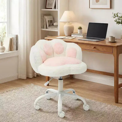 Chaise de bureau sans accoudoirs mignonne avec roues, chaise d'ordinateur pivotante à 360° en tissu Teddy pour chambre d'enfant, bureau et chambre à coucher GustoWave Cat Paw