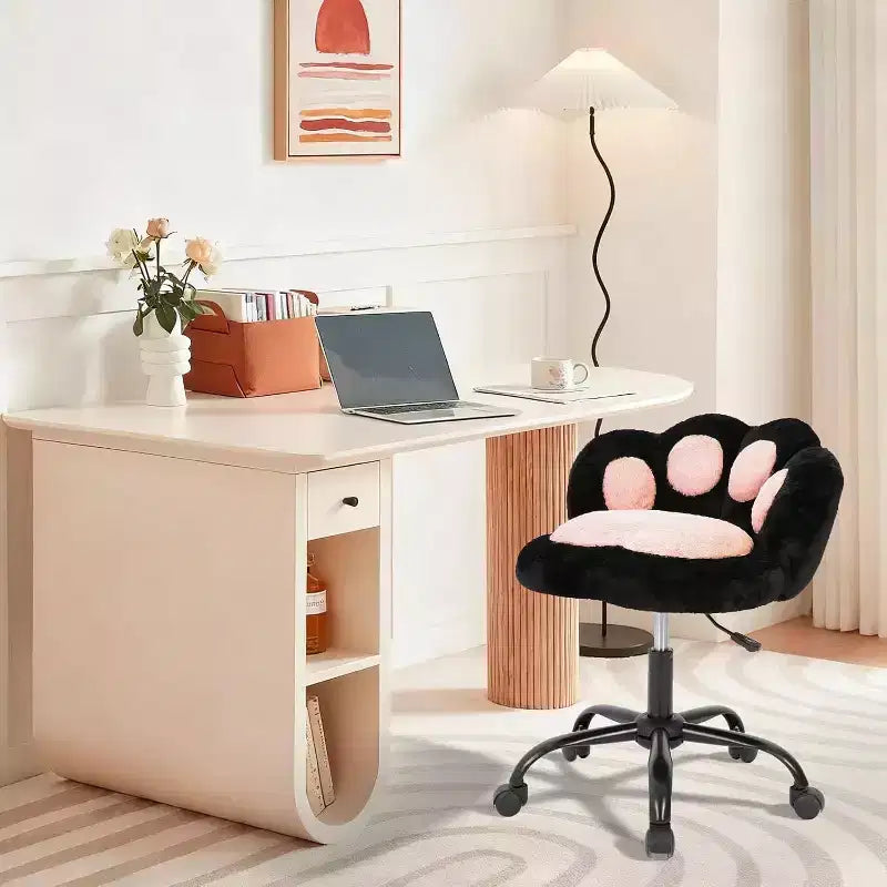 Chaise de bureau sans accoudoirs mignonne avec roues, chaise d'ordinateur pivotante à 360° en tissu Teddy pour chambre d'enfant, bureau et chambre à coucher GustoWave Cat Paw