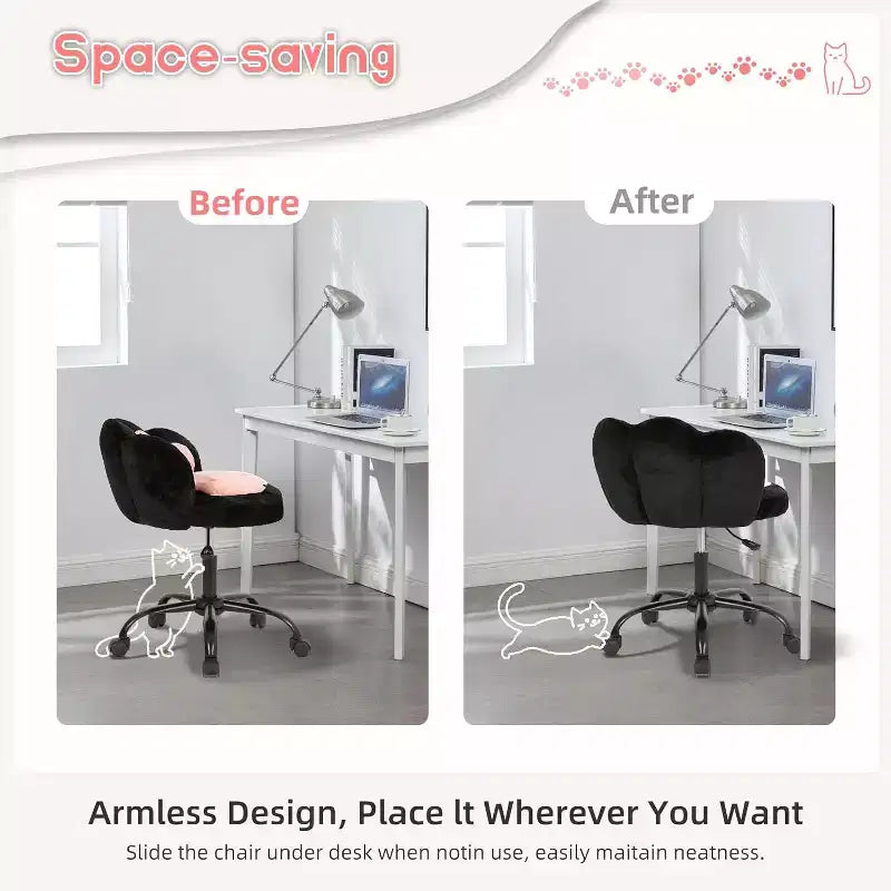 Chaise de bureau sans accoudoirs mignonne avec roues, chaise d'ordinateur pivotante à 360° en tissu Teddy pour chambre d'enfant, bureau et chambre à coucher GustoWave Cat Paw