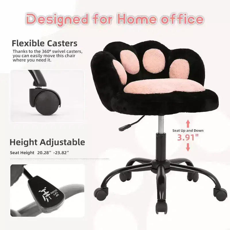 Chaise de bureau sans accoudoirs mignonne avec roues, chaise d'ordinateur pivotante à 360° en tissu Teddy pour chambre d'enfant, bureau et chambre à coucher GustoWave Cat Paw