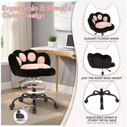 Chaise de bureau sans accoudoirs mignonne avec roues, chaise d'ordinateur pivotante à 360° en tissu Teddy pour chambre d'enfant, bureau et chambre à coucher GustoWave Cat Paw