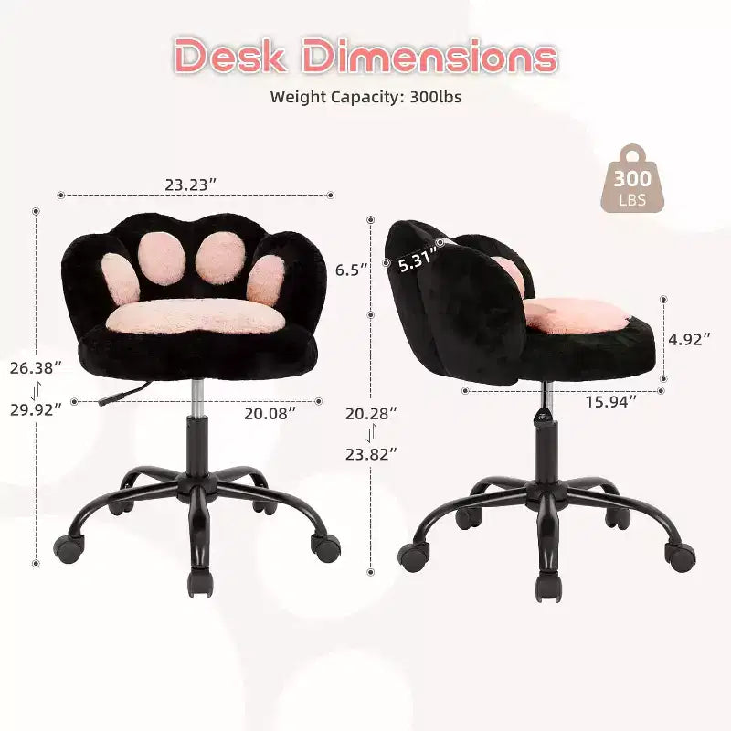 Chaise de bureau sans accoudoirs mignonne avec roues, chaise d'ordinateur pivotante à 360° en tissu Teddy pour chambre d'enfant, bureau et chambre à coucher GustoWave Cat Paw