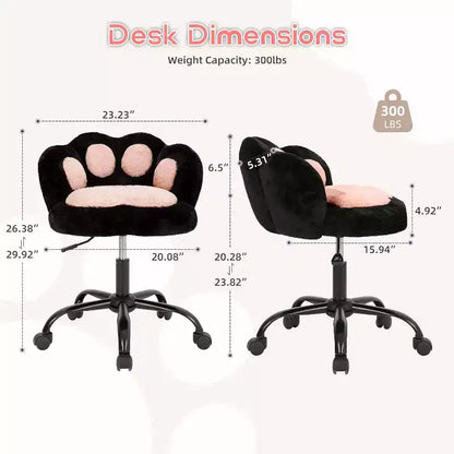 Chaise de bureau sans accoudoirs mignonne avec roues, chaise d'ordinateur pivotante à 360° en tissu Teddy pour chambre d'enfant, bureau et chambre à coucher GustoWave Cat Paw