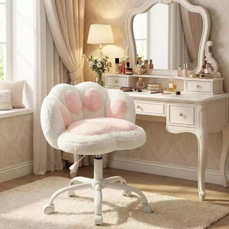 Chaise de bureau sans accoudoirs mignonne avec roues, chaise d'ordinateur pivotante à 360° en tissu Teddy pour chambre d'enfant, bureau et chambre à coucher GustoWave Cat Paw