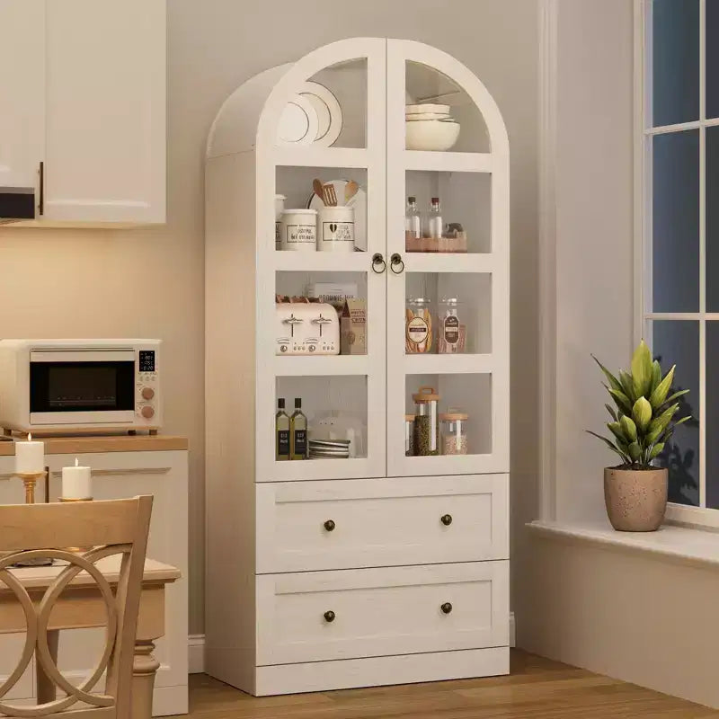 Garde-manger de cuisine arqué moderne de 72 po de haut, meuble de rangement autoportant en bois avec portes vitrées et tiroirs pour salle à manger et salon