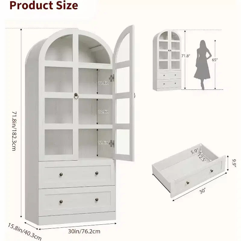 Garde-manger de cuisine arqué moderne de 72 po de haut, meuble de rangement autoportant en bois avec portes vitrées et tiroirs pour salle à manger et salon