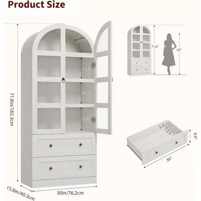 Garde-manger de cuisine arqué moderne de 72 po de haut, meuble de rangement autoportant en bois avec portes vitrées et tiroirs pour salle à manger et salon