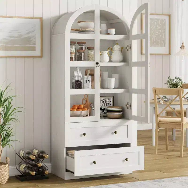 Garde-manger de cuisine arqué moderne de 72 po de haut, meuble de rangement autoportant en bois avec portes vitrées et tiroirs pour salle à manger et salon