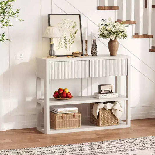 34.6 Tall Console Table with 3-Tier Shelves, Fluted Entryway Table with 2 Drawers, Wood Sofa Table Behind Couch for Entrance, Foyer, Living Room