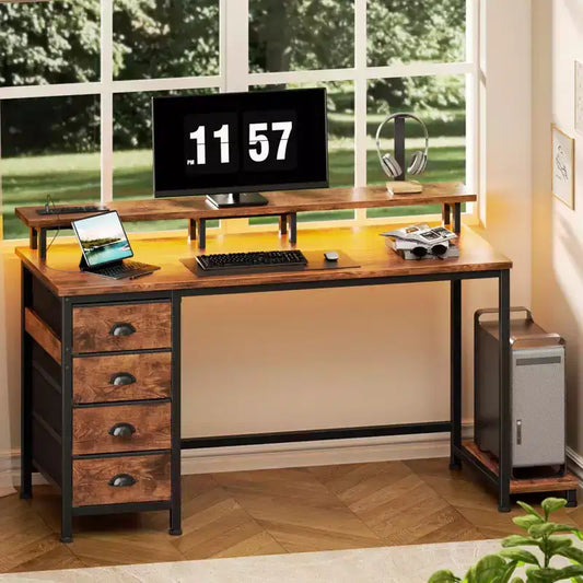 47 Inch Rustic Brown Computer Desk with Charging Station Reversible Gaming Desk LED Lights 4 Fabric Drawers Monitor Stand Home Office Writing Table