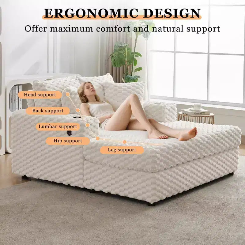 Chaise longue surdimensionnée de 60 pouces avec ports USB – Canapé-lit en velours côtelé avec porte-gobelets pour salon et chambre – Beige