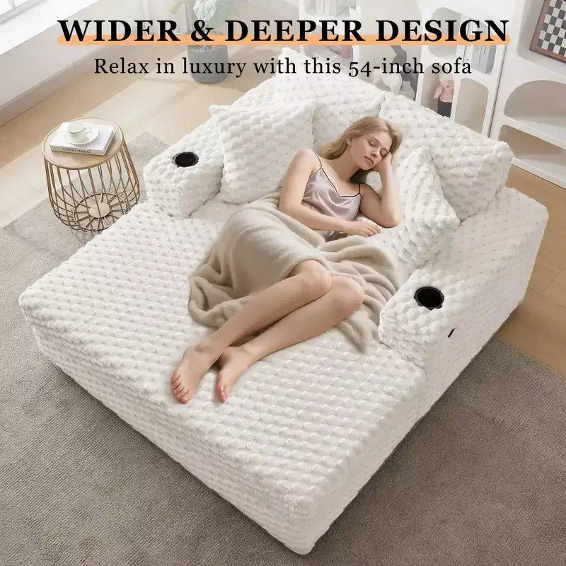 Chaise longue surdimensionnée de 60 pouces avec ports USB – Canapé-lit en velours côtelé avec porte-gobelets pour salon et chambre – Beige