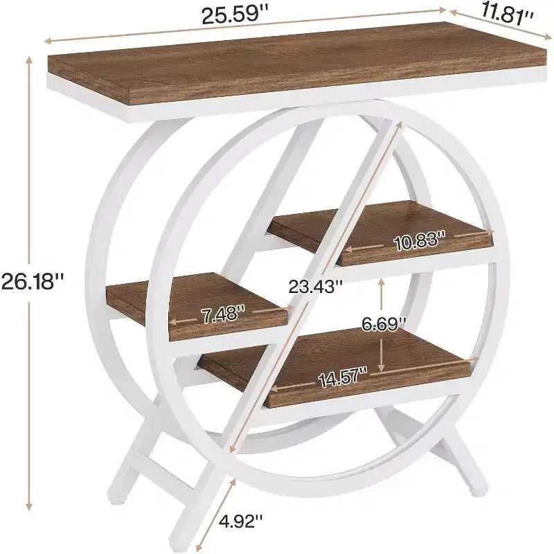 Table d'appoint Lantine pour salon, table d'appoint étroite à 3 niveaux avec rangement, table d'appoint en bois pour chambre, marron clair et blanc