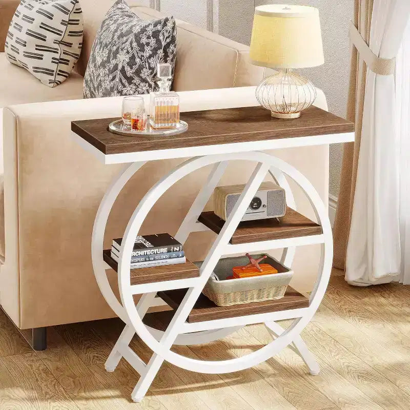 Table d'appoint Lantine pour salon, table d'appoint étroite à 3 niveaux avec rangement, table d'appoint en bois pour chambre, marron clair et blanc