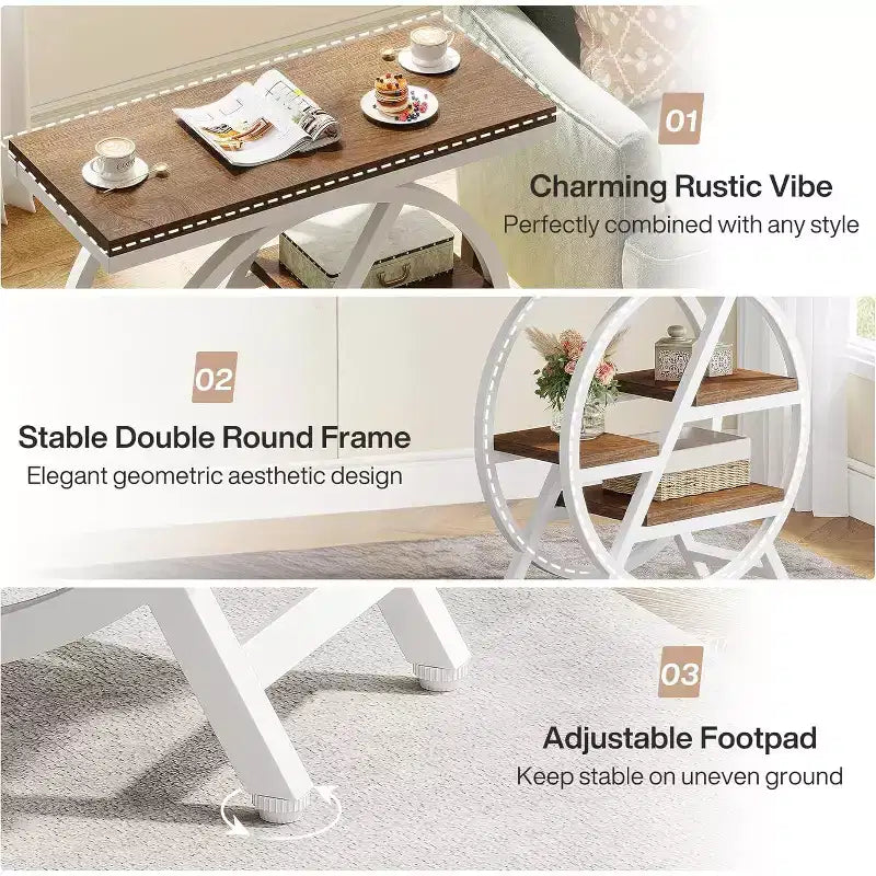 Table d'appoint Lantine pour salon, table d'appoint étroite à 3 niveaux avec rangement, table d'appoint en bois pour chambre, marron clair et blanc