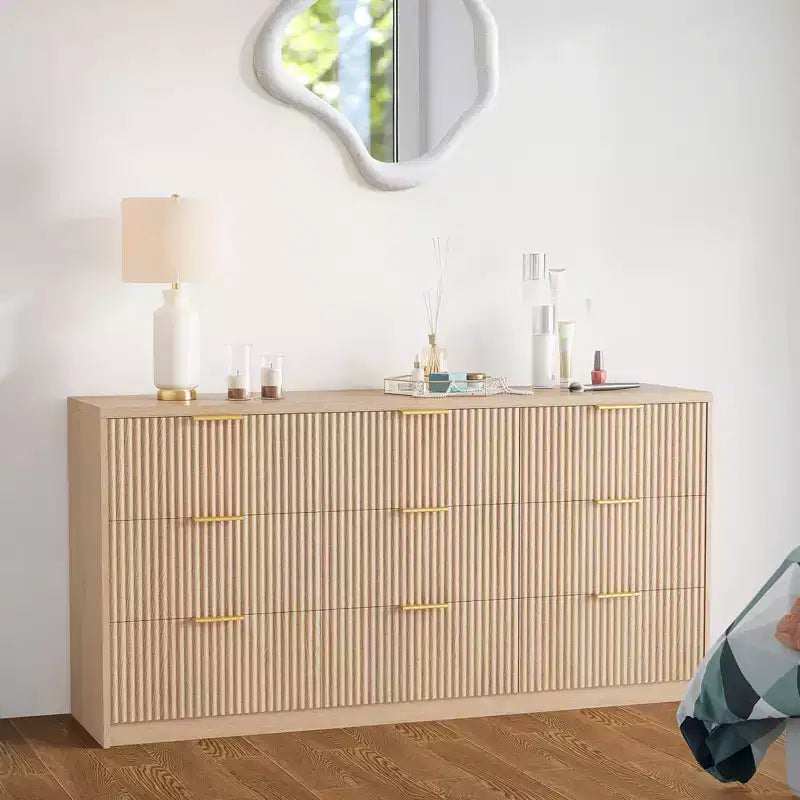Commode cannelée à tiroirs, Organisateur de rangement en bois avec tiroirs, Grande capacité et anti-basculement, Commode de chambre et table de chevet rétro pour couloir, entrée