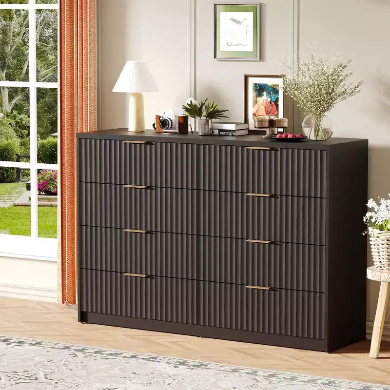 Commode cannelée à tiroirs, Organisateur de rangement en bois avec tiroirs, Grande capacité et anti-basculement, Commode de chambre et table de chevet rétro pour couloir, entrée