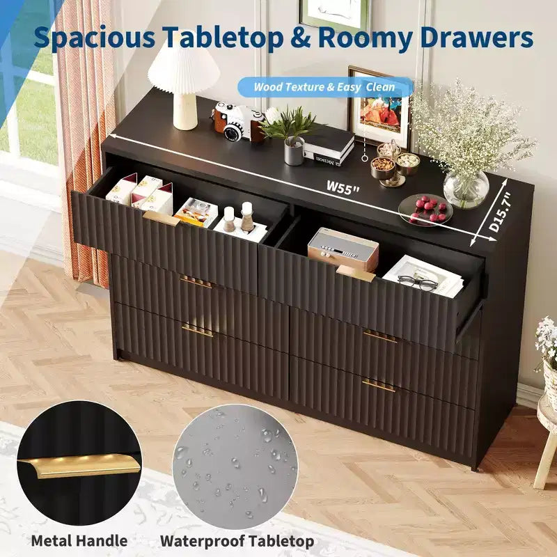 Commode cannelée à tiroirs, Organisateur de rangement en bois avec tiroirs, Grande capacité et anti-basculement, Commode de chambre et table de chevet rétro pour couloir, entrée