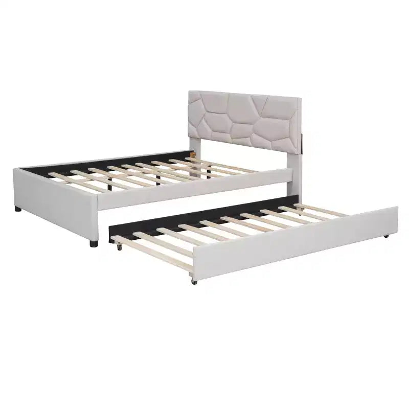 Lit plateforme moderne Luxystar en lin capitonné avec tête de lit motif brique et lit gigogne