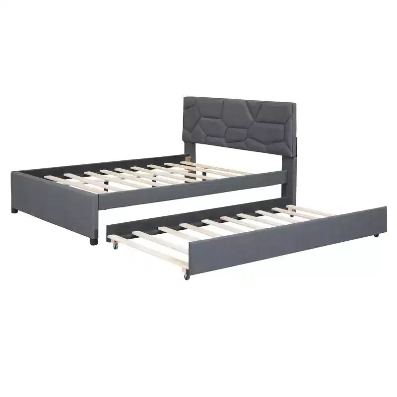 Lit plateforme moderne Luxystar en lin capitonné avec tête de lit motif brique et lit gigogne