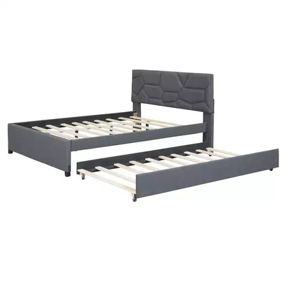 Lit plateforme moderne Luxystar en lin capitonné avec tête de lit motif brique et lit gigogne