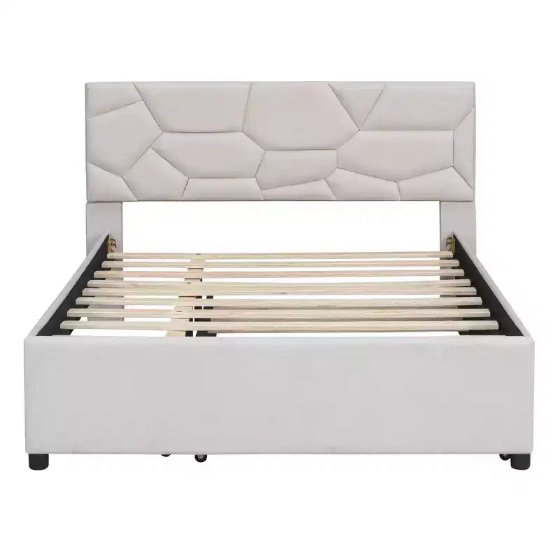 Lit plateforme moderne Luxystar en lin capitonné avec tête de lit motif brique et lit gigogne