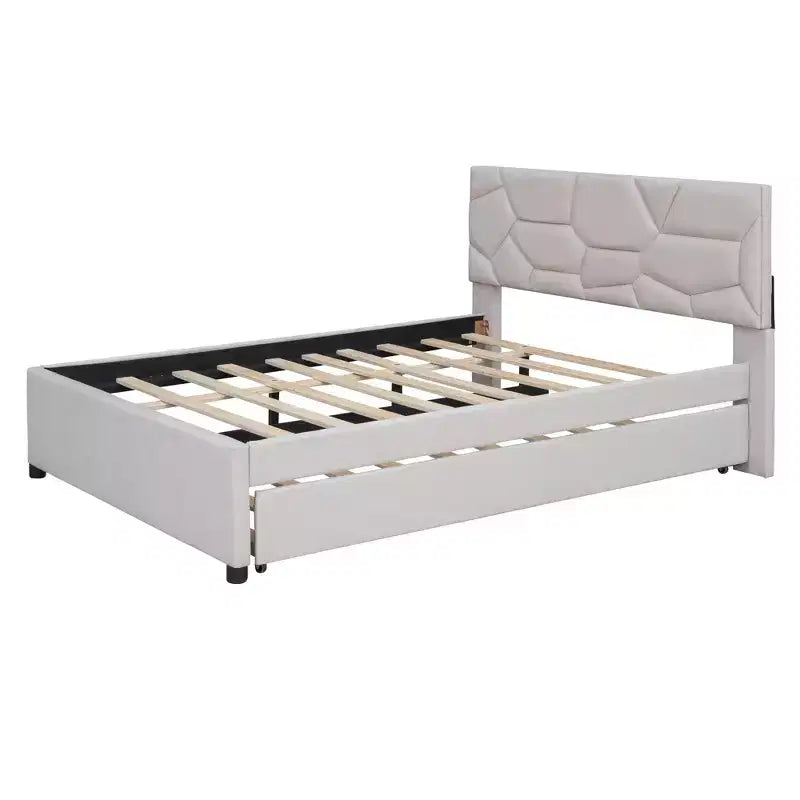 Lit plateforme moderne Luxystar en lin capitonné avec tête de lit motif brique et lit gigogne