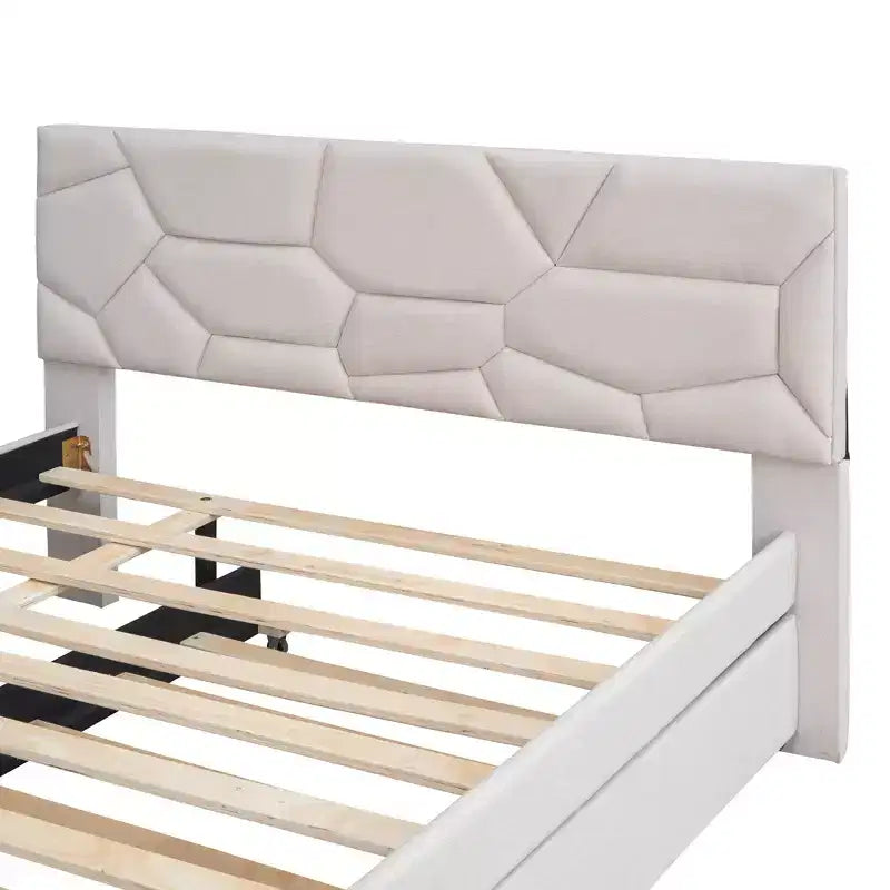 Lit plateforme moderne Luxystar en lin capitonné avec tête de lit motif brique et lit gigogne