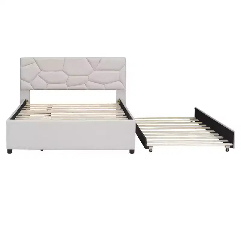Lit plateforme moderne Luxystar en lin capitonné avec tête de lit motif brique et lit gigogne