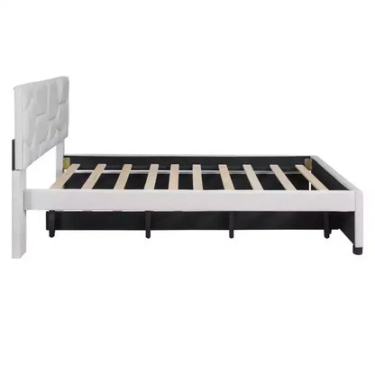 Lit plateforme moderne Luxystar en lin capitonné avec tête de lit motif brique et lit gigogne