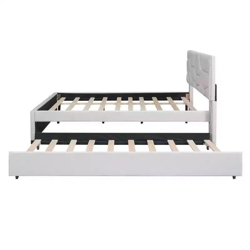 Lit plateforme moderne Luxystar en lin capitonné avec tête de lit motif brique et lit gigogne