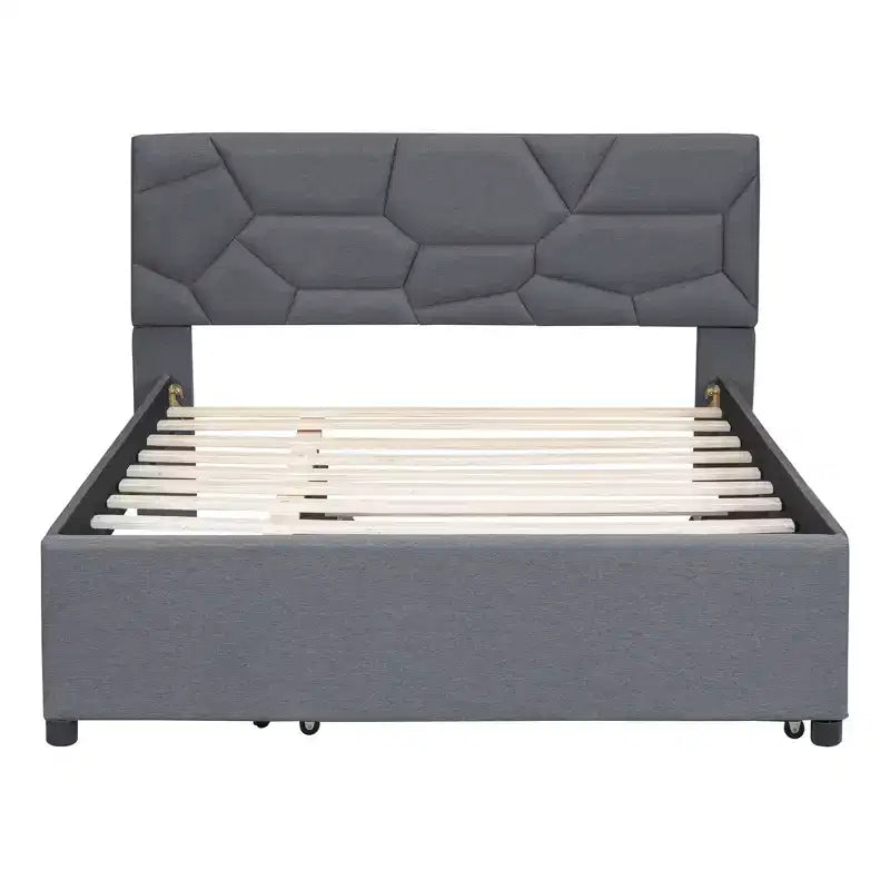 Lit plateforme moderne Luxystar en lin capitonné avec tête de lit motif brique et lit gigogne