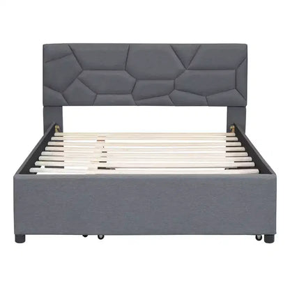 Lit plateforme moderne Luxystar en lin capitonné avec tête de lit motif brique et lit gigogne