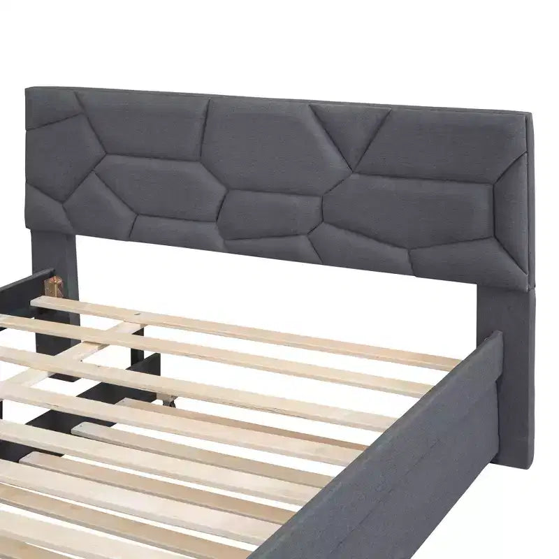 Lit plateforme moderne Luxystar en lin capitonné avec tête de lit motif brique et lit gigogne