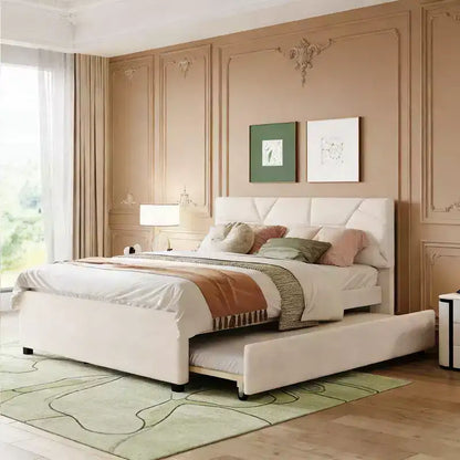 Lit plateforme moderne Luxystar en lin capitonné avec tête de lit motif brique et lit gigogne