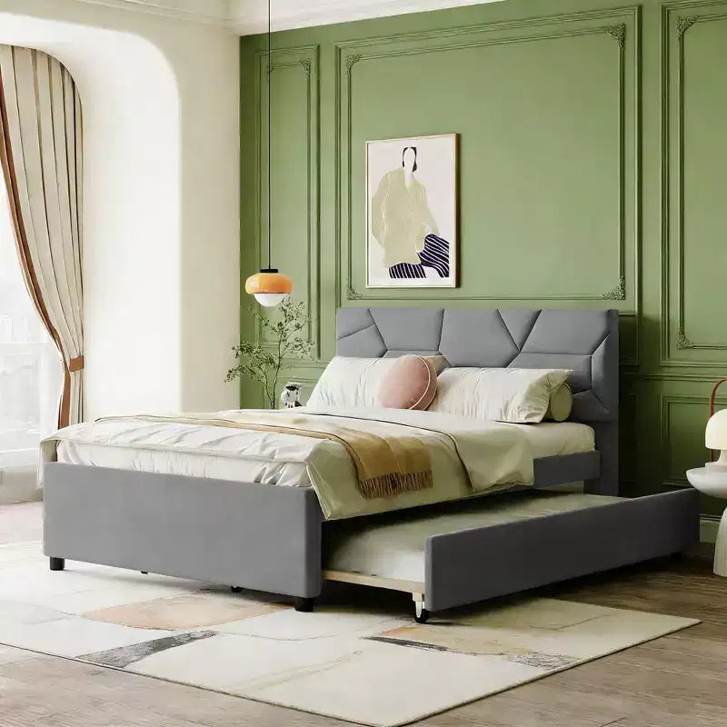 Luxystar Modern Linen Upholstered Platform Bed with Brick Pattern Headboard and Trundle