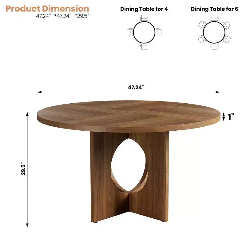 Table à manger ronde de 47" pour 4 à 6 personnes, meuble moderne et peu encombrant pour cuisine et salon avec base piédestal robuste