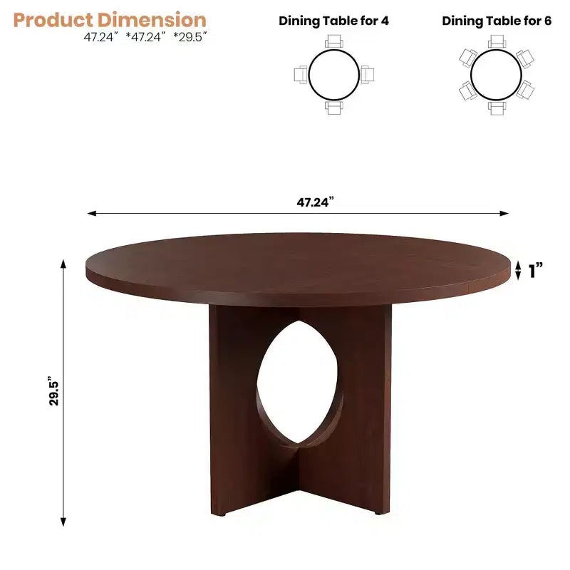 Table à manger ronde de 47" pour 4 à 6 personnes, meuble moderne et peu encombrant pour cuisine et salon avec base piédestal robuste