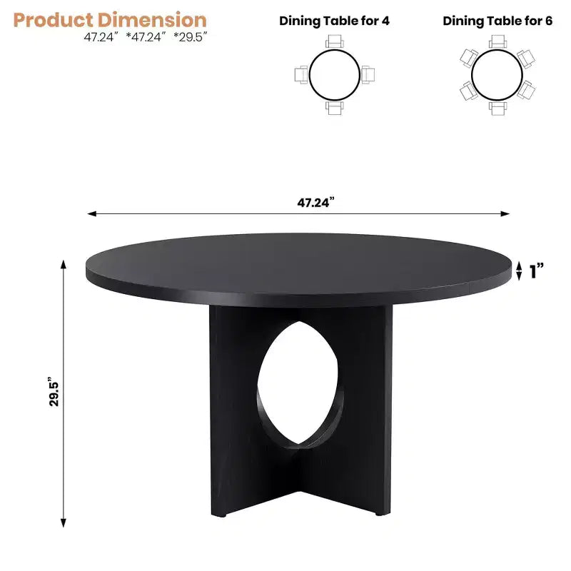 Table à manger ronde de 47" pour 4 à 6 personnes, meuble moderne et peu encombrant pour cuisine et salon avec base piédestal robuste