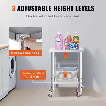 Table de travail en acier inoxydable 12 x 24 x 34 pouces avec 4 roulettes, capacité de charge de 700 livres, 3 niveaux de hauteur réglables