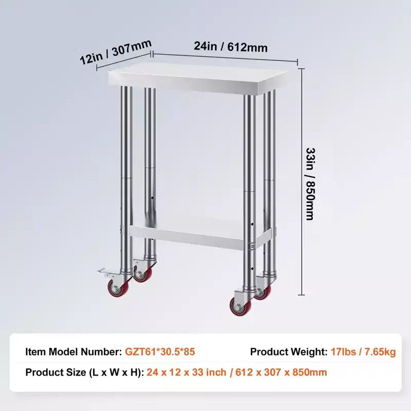 Table de travail en acier inoxydable 12 x 24 x 34 pouces avec 4 roulettes, capacité de charge de 700 livres, 3 niveaux de hauteur réglables