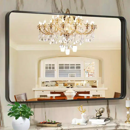 Modern Black Metal Framed Full Length Wall Mirror  Rectangular with Rounded Corners  Vertical or Horizontal Mount  Perfect for Bathroom