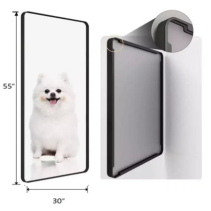 Miroir mural rectangulaire moderne avec cadre en métal noir et coins arrondis - Montage vertical ou horizontal - Parfait pour salle de bain