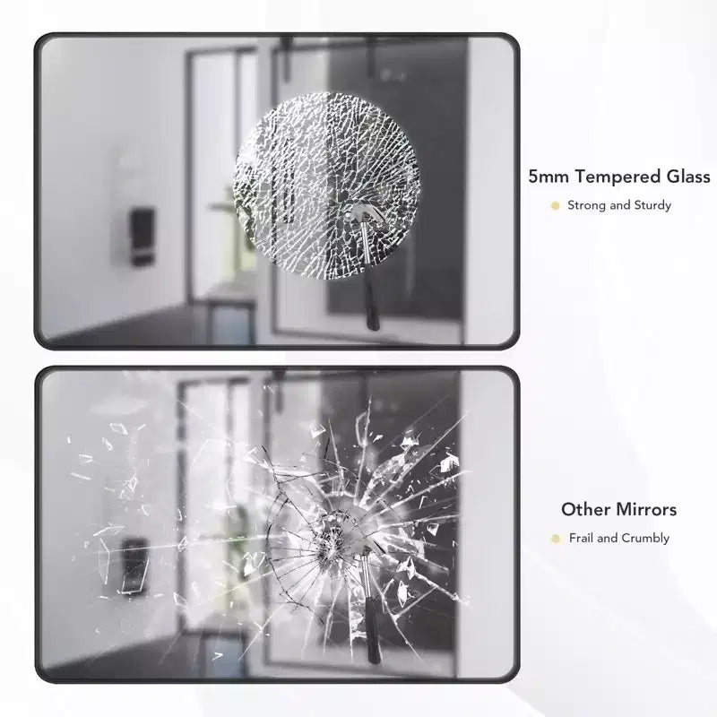 Miroir mural rectangulaire moderne avec cadre en métal noir et coins arrondis - Montage vertical ou horizontal - Parfait pour salle de bain